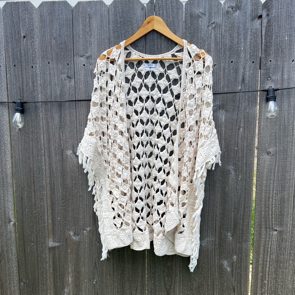 Mango Cream Crochet Openwork Poncho with Fringe